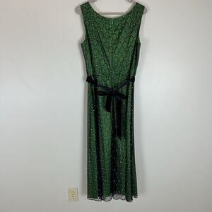 Vintage 1980s Dress Diamond Sequin Velvet Green Dress Midi Size 10 Belted